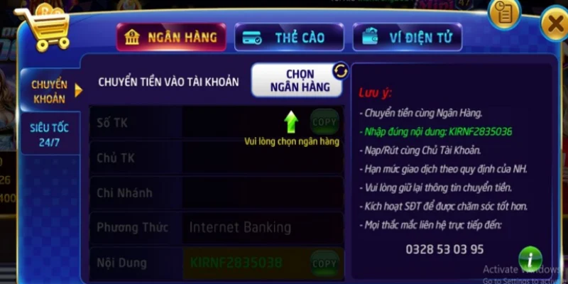 game bai doi thuong qua ngan hang 1 Game bài đổi thưởng qua ngân hàng có hệ thống giao dịch tiện lợi